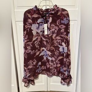 NWT White House Black Market M Medium Blouse Floral Flowers Plum Top Shirt WHBM
